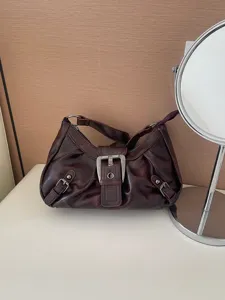 Vintage brown shoulder bag, retro Y2K hobo purse with metal buckle, casual daily handbag.