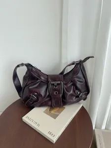 Vintage dark red shoulder bag for women retro underarm hobo handbag with metal buckle.