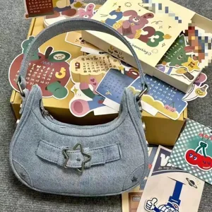 Denim star buckle underarm bag vintage style french baguette shoulder bag for women