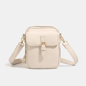 Borsa a tracolla in pelle PU beige per telefono, borsa messenger verticale casual con tasca frontale.