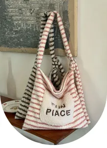 Plush striped tote bag detail, cozy fuzzy shoulder handbag with embroidered front pocket.