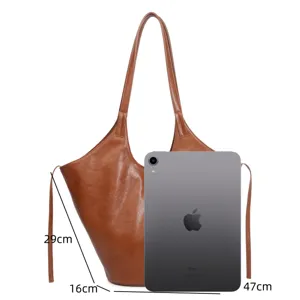 Brown leather tote bag large capacity casual handbag business commute shoulder bag 47cm