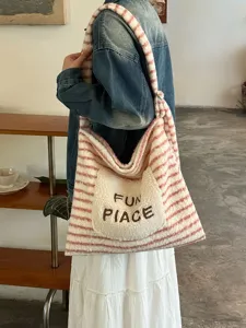 Casual fluffy striped tote bag with cute embroidery pocket, spacious shoulder bag for women.