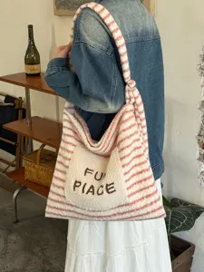 Casual striped fuzzy tote bag with cute embroidery, large capacity single shoulder design.