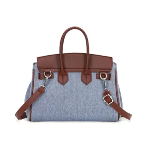 Jeans Patchwork Handtasche für Damen, stilvolle braune Lederimitat Henkeltasche Umhängetasche.