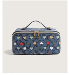 Blue heart monogram cosmetic bag large capacity travel makeup organizer with top handle zipper
