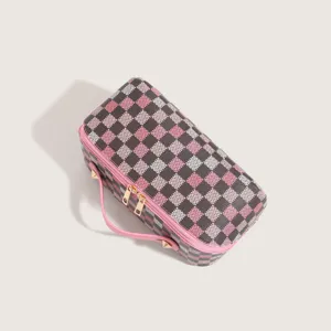 Large capacity cosmetic bag portable travel makeup storage organizer with classic check pattern