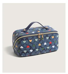 Large capacity cosmetic bag with trendy heart and monogram print, portable travel toiletry pouch.