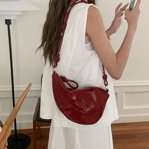 Women red patent leather shoulder bag minimalist crescent crossbody bag stylish saddle handbags