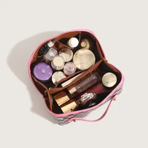 Large capacity cosmetic bag, checkerboard pattern multi-compartment travel makeup organizer.