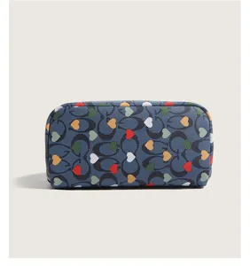 Blue heart monogram print makeup pouch, large capacity cosmetic travel bag for women