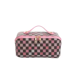 Large capacity checkered cosmetic bag portable travel makeup storage pouch for women stylish