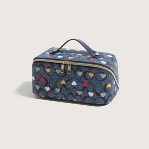 Korean Style Printed Heart Cosmetic Bag Large Capacity Travel Toiletry Pouch Handbag PU Leather Makeup Bag