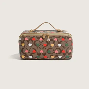 Korean style printed heart cosmetic bag large capacity portable travel makeup storage pouch for women