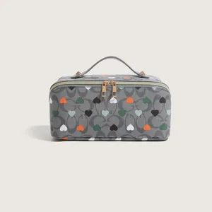Stylish grey heart print travel cosmetic bag large capacity portable toiletry makeup pouch