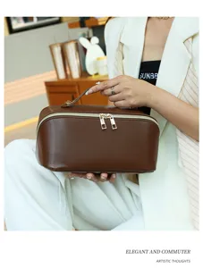 Brown cosmetic bag large capacity portable travel makeup storage bag for women.