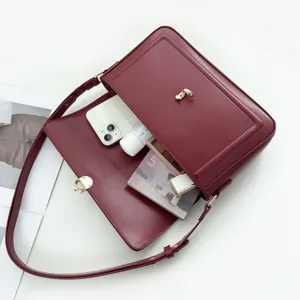 Red vintage shoulder bag with metal lock, stylish crossbody bag for women commuting