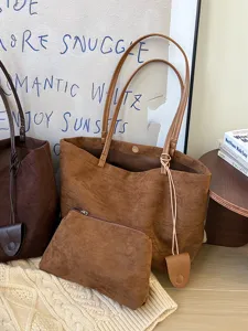 Brown suede tote bag for women, large capacity shoulder bag with matching pouch, autumn casual bag.