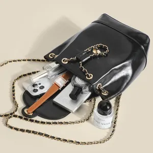 Black PU leather chain bucket bag women luxury shoulder bag large capacity casual purse