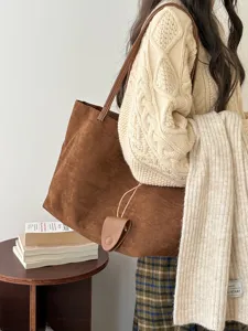 Autumn winter vintage suede large capacity tote bag casual shoulder handbag for women commute