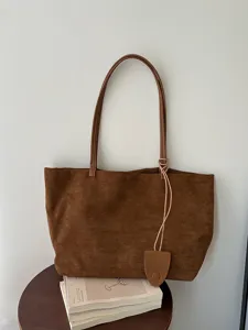 Brown suede tote bag for women, large capacity casual shoulder bag for autumn and winter commute