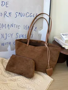 Autumn winter retro brown suede large capacity tote bag with matching clutch, casual commuter.