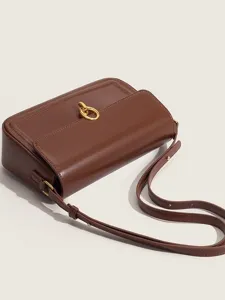 Minimalist brown leather shoulder bag with gold metal lock, elegant daily crossbody bag for women.