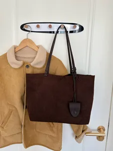 Brown suede tote bag daily casual shoulder bag large capacity commuter bag retro style