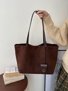 Brown suede tote bag for women, large capacity casual shoulder bag and stylish commuter bag.