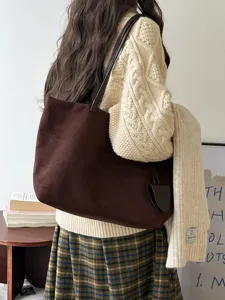 Autumn winter vintage brown suede large capacity tote bag casual shoulder bag for women