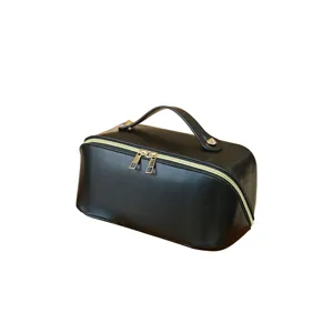Large capacity black cosmetic bag, portable travel makeup pouch and versatile toiletry organizer for women.