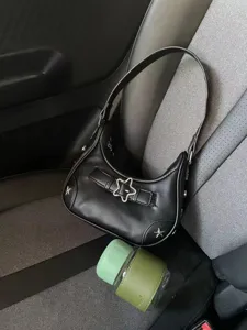 Retro black leather star buckle shoulder bag women fashion Y2K underarm baguette handbag