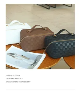 PU leather cosmetic bag portable makeup storage organizer checkered travel pouch for women
