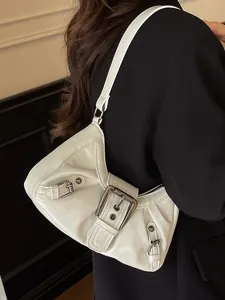 Trendy white glossy PU leather shoulder underarm bag with metal buckle for women.