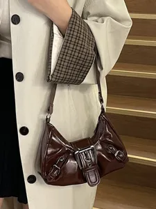 Brown patent leather shoulder bag retro underarm bag stylish women handbag daily use
