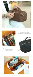 Detailed view of the PU leather checkerboard cosmetic bag interior layout and compartments.