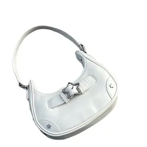 White PU leather Y2K hobo shoulder bag with stylish metal star buckle and corner studs.
