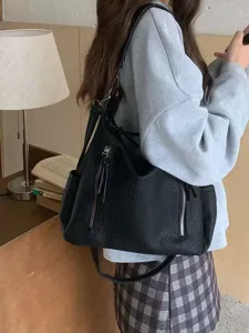 Vintage black pebbled leather tote hobo bag, large capacity casual shoulder crossbody bag for women.