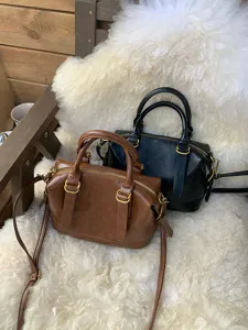Retro women bowling bag PU leather vintage shoulder handbag casual crossbody bag daily use.