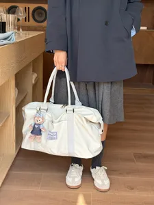 Casual minimalist large capacity travel duffel bag with cute bear pendant in cream white