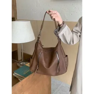 Vintage brown textured tote bag with large capacity shoulder commuter bag for women