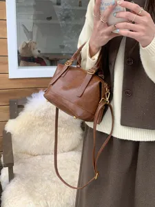 Retro women brown bowling handbag vintage PU leather shoulder bag casual commuter tote