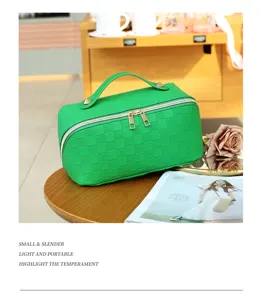Green PU leather cosmetic bag with checkered pattern, portable toiletry travel pouch for women.