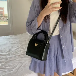 Black heart lock handbag women fashion niche shoulder messenger bag chic PU leather top handle purse