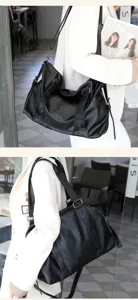 Black PU leather travel duffel bag, large capacity fashion shoulder bag for daily use.