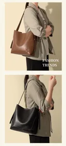 Minimalist PU leather bucket bag for women, large capacity stylish shoulder tote handbag.