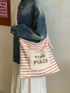 Pink white striped plush tote bag fuzzy shoulder bag casual cute embroidered handbag.