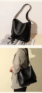 Black PU leather bucket bag for women, stylish large capacity commuter shoulder and crossbody bag.