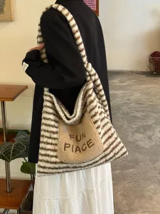 Brown white striped plush tote bag large capacity casual fuzzy shoulder bag for women