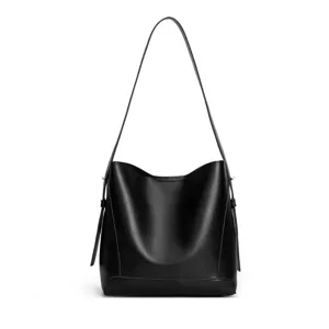 Women black PU leather bucket bag minimalist large capacity casual shoulder tote bag